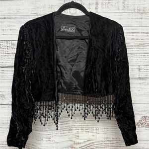 Alex Evening Black Velvet Beaded Fringe Jacket